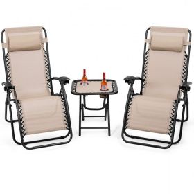 3 Piece Folding Portable Reclining Lounge Chairs Table Set Tan