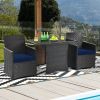 3-Piece Patio Furniture Outdoor Dining Set Brown PE Rattan Navy Blue Cushions