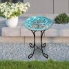 Teal Green Blue White Mosaic Glass Birdbath Bowl with Black Metal Stand