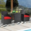 3-Piece Patio Furniture Outdoor Dining Set in Brown PE Rattan with Red Cushions