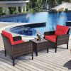 3-Piece Brown PE Rattan Outdoor Dining Patio Furniture Set with Red Cushions