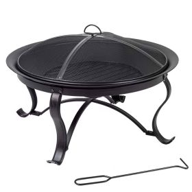 30-inch Round Steel Outdoor Fire Pit with Mesh Cover and Poker in Bronze