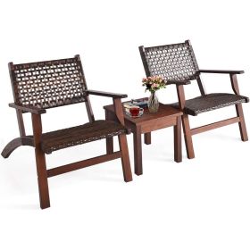 Solid Wood and Rattan 3-Piece Outdoor Patio Furniture Table Chairs Set