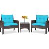 3-Piece Brown PE Rattan Outdoor Patio Furniture Dining Set w/ Turquoise Cushions