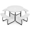 White Outdoor Metal and HDPE Picnic Table Bench Set with Umbrella Hole - Seats 8