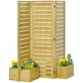 Outsunny Freestanding Outdoor Privacy Screen, 4 Self-Draining Planters / Raised Garden Beds, 3 Hinged Panels for Hot Tub, Patio, Backyard, Deck