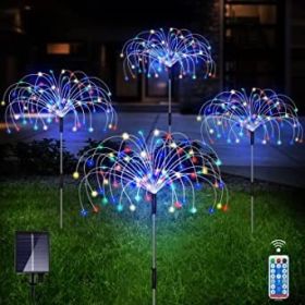 Outdoor Solar Garden Lights;  4 Pack 120 LED Copper Wire Waterproof Solar Garden Fireworks Lamp with Remote;  8 Modes Decorative Sparkles Stake Landsc (Color: colorful)