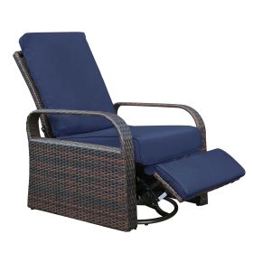 Outdoor Patio Rattan Wicker Swivel Recliner Chair;  Adjustable Reclining Chair 360Â° Rotating with Water Resistant Cushions (Color: Navy Blue)