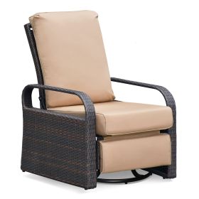 Outdoor Patio Rattan Wicker Swivel Recliner Chair;  Adjustable Reclining Chair 360Â° Rotating with Water Resistant Cushions (Color: Khaki)