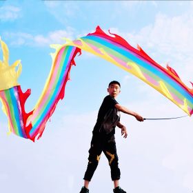 3 Meters (9.8 FT) Golden Scale Silk Dragon POI Outdoor Flinging Wind Spinners & Fitness Dragon Dance Wu Long 3D dragon Ribbon Streamer with Fiberglass (Red Gold Dragon: Rainbow Dragon)